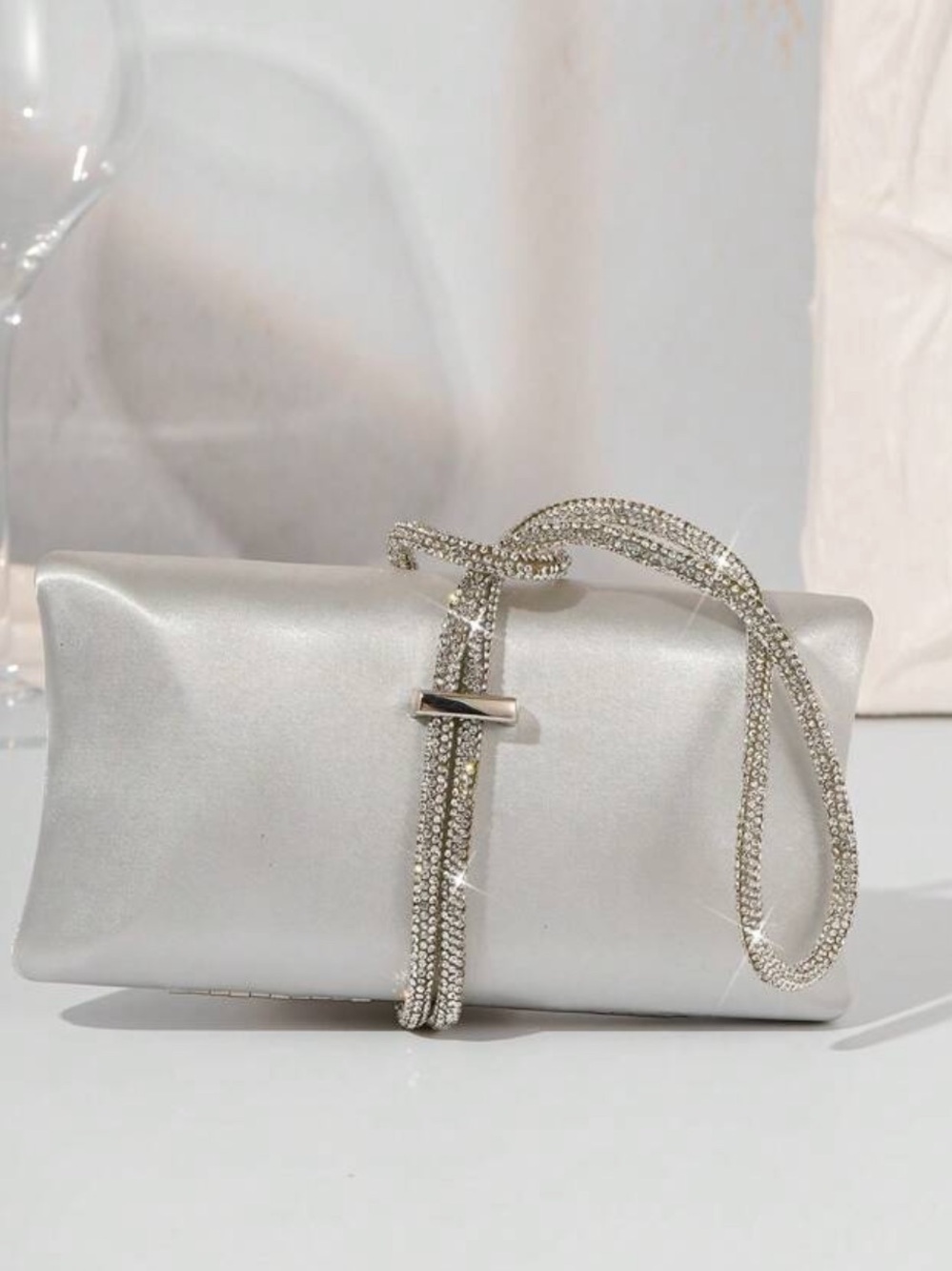 Silver Evening Clutch with Crystal Strap